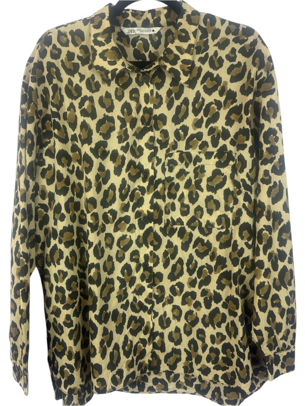 Zara Leopard Print 100% Cotton Button-Down Long Sleeve Blouse - Size XXL
